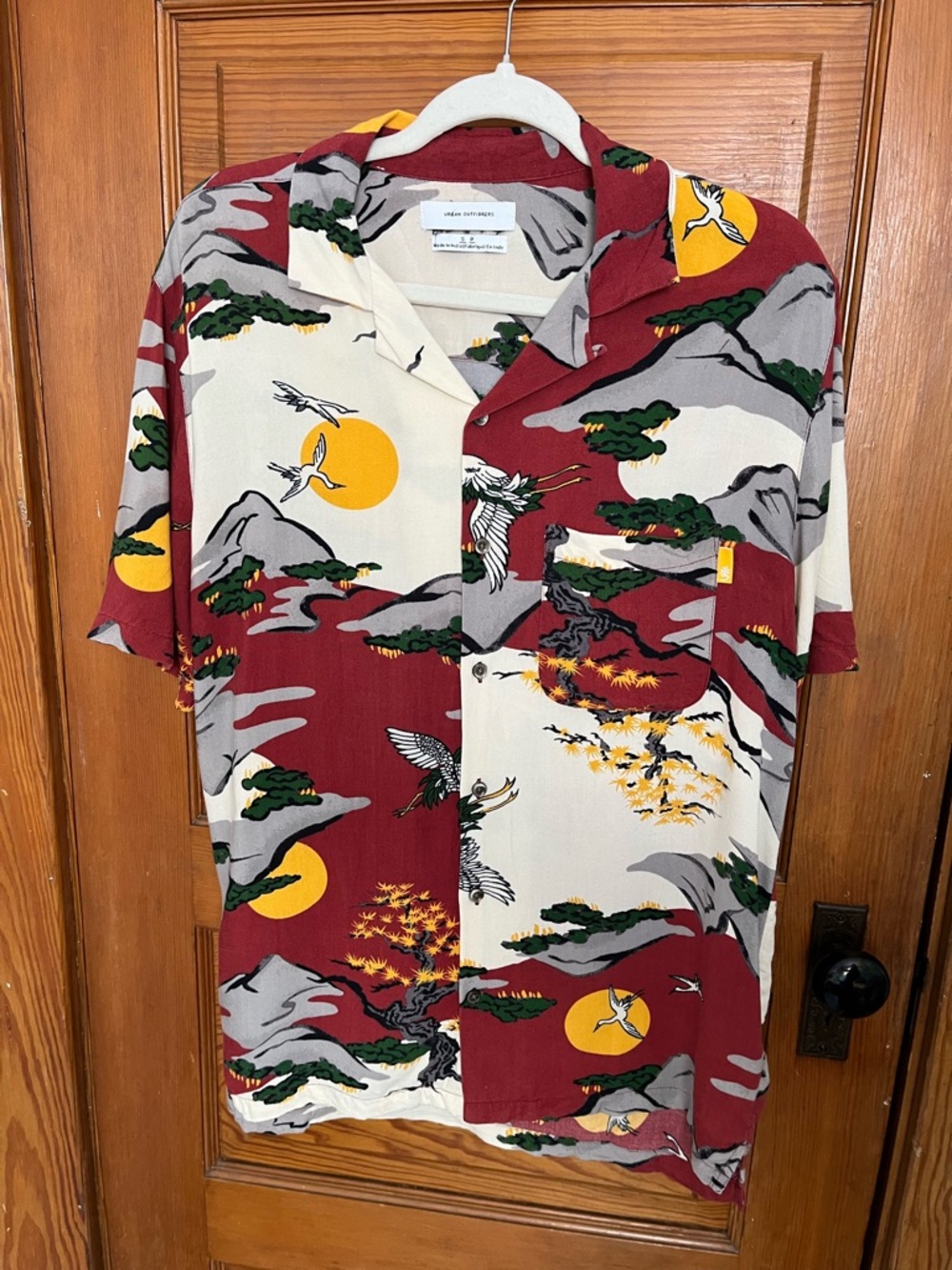 Urban Outfitters Maroon, Cream & Mustard Japanese Crane Print Button-Up Shirt
